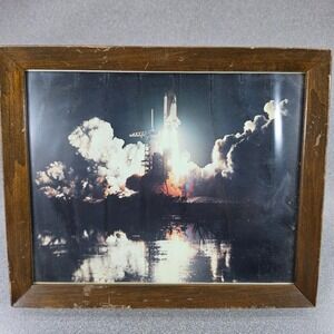 NASA Space Shuttle Launch Framed Photo Brown Vintage Wall Art